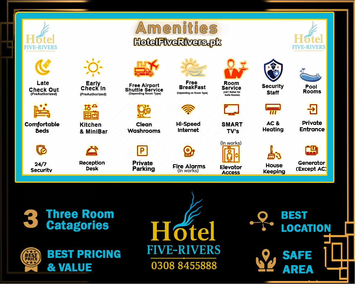 Hotel Five Rivers amenities — WiFi, Smart TV, 24-hour room service, executive lounge